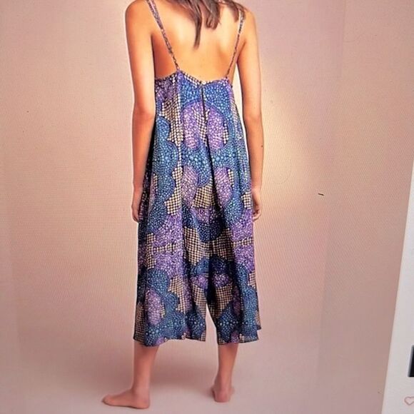 Floreat Black Multicolor Floral Cami Cropped Wide Leg Rayon Hippie Jumpsuit XS - Picture 2 of 12